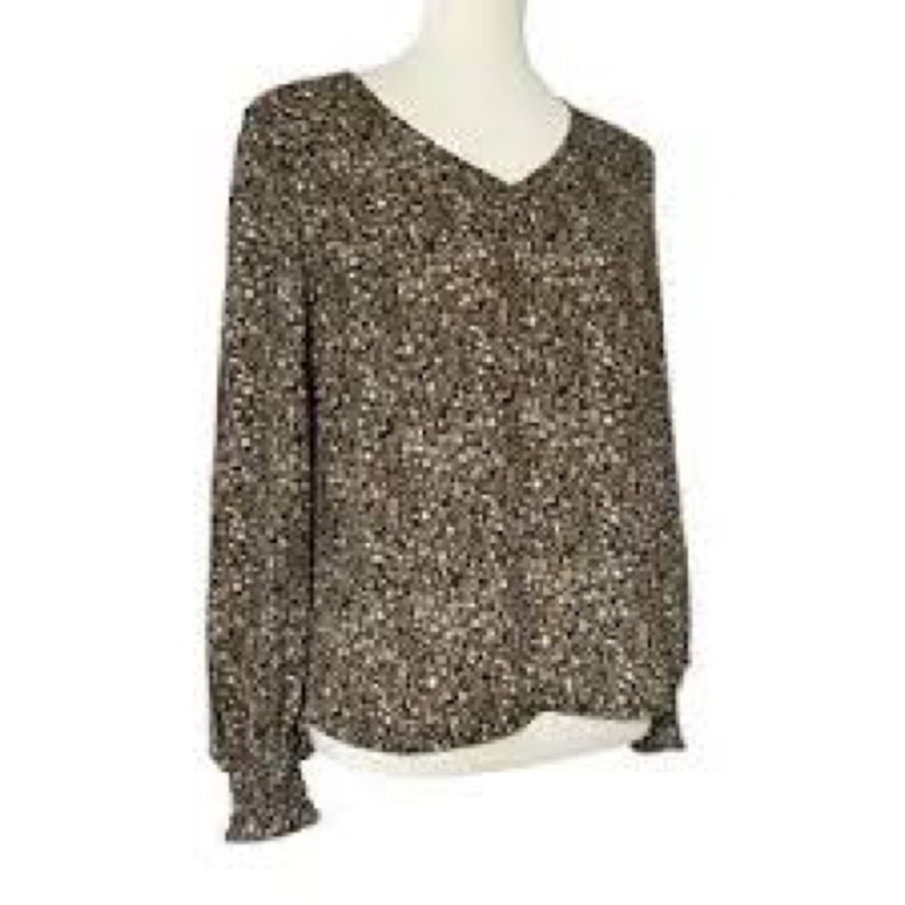 CAbi Brown Long Sleeve Ruffled Blouse with V-Neckline